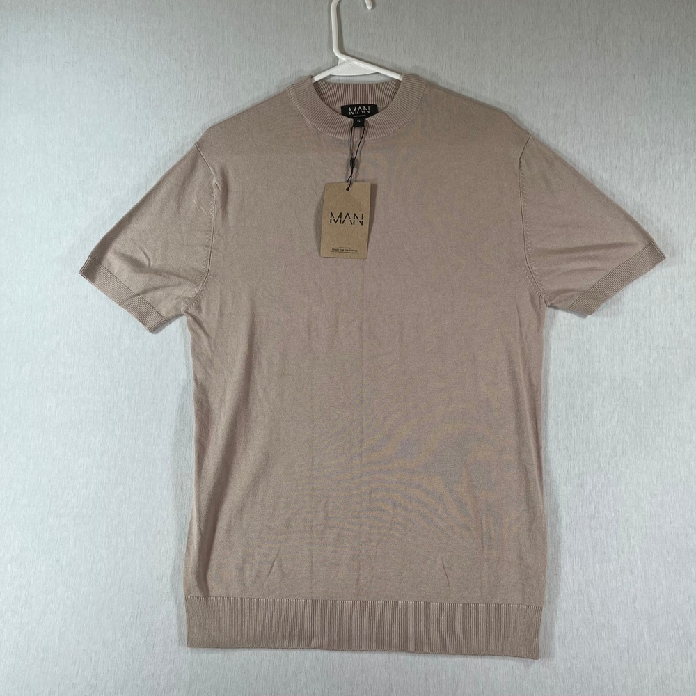 NEW boohooMAN Shirt Men Small Recycled Short Sleeve Shirt Taupe Stretch NWT